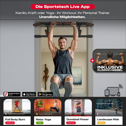 Sportstech Pullmate Home Hängende Klimmzugstange für Türrahmen, Montage ohne Schrauben, verstellbare rutschfeste Griffe, inklusive Klimmzughilfe und Sling Trainer, Tragfähigkeit 200 kg, Calisthenics