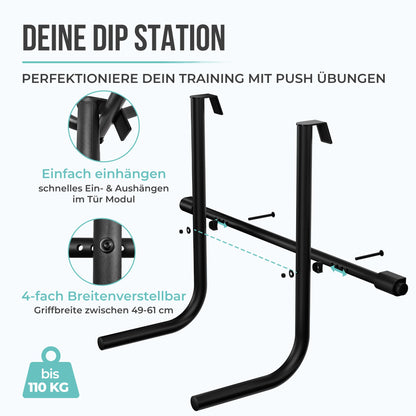 PULLUP & DIP Klimmzugstange für Türrahmen zum Einhängen ohne Schrauben und kein Abrutschen, Profi Türreck, Pull-up Bar mit gepolsterten Griffen