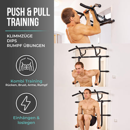 PULLUP & DIP Klimmzugstange für Türrahmen zum Einhängen ohne Schrauben und kein Abrutschen, Profi Türreck, Pull-up Bar mit gepolsterten Griffen