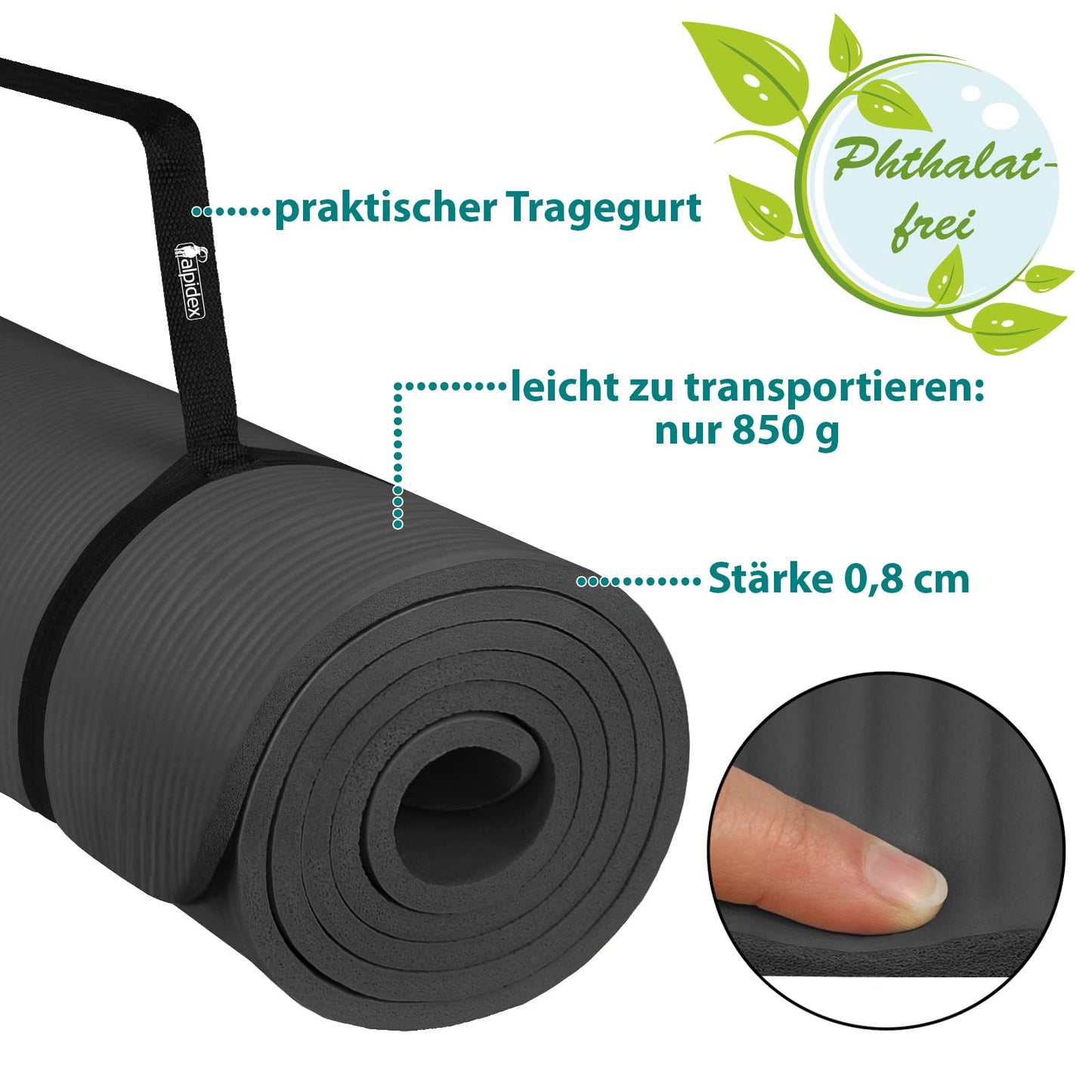 ALPIDEX Yogamatte 183 x 60 x 0,8 cm phthalatfreie Fitnessmatte mit Tragegurt, rutschfest, für Gymnastik, Pilates, Sport, Physiotherapie, HiiT, Yoga, Training und Schlafmatte, hautfreundlich