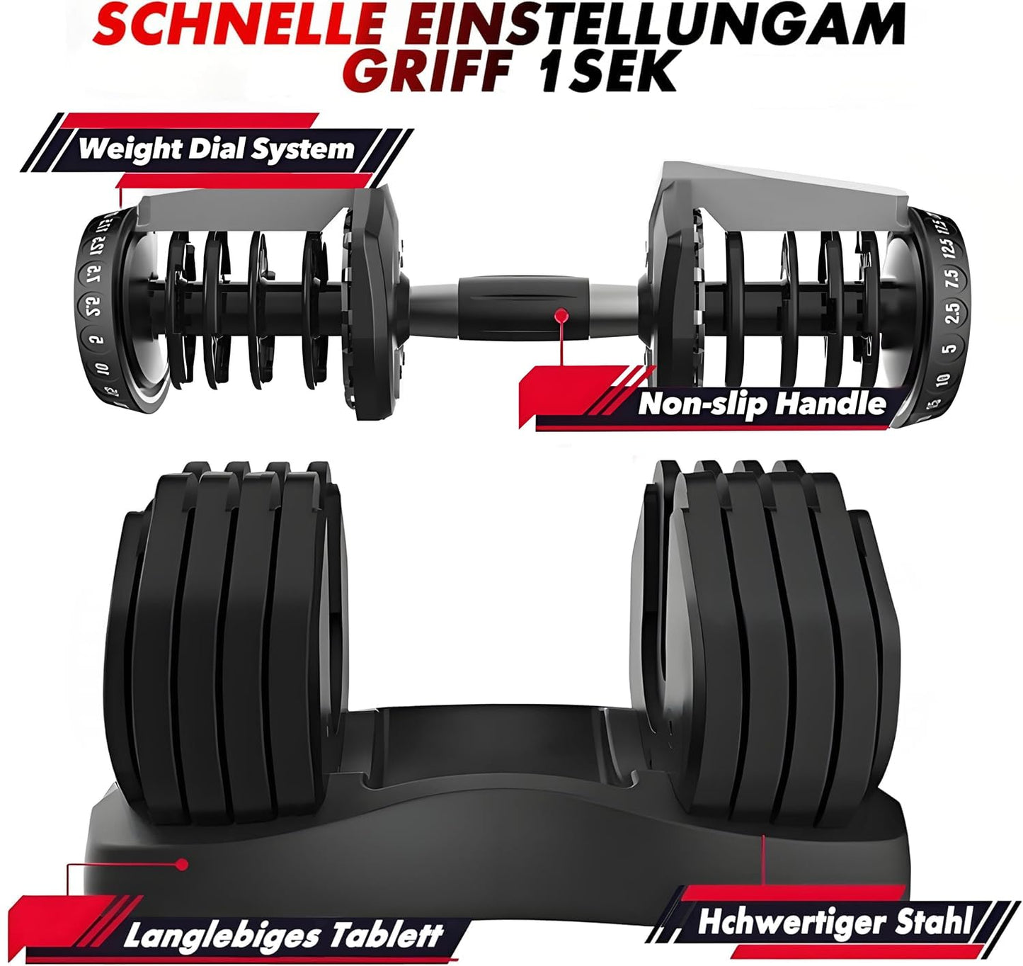 2 x 24/40 kg verstellbare Hanteln, 15-in-1 Hantelset, verstellbare platzsparende Hanteln, Kraft- und Heimtraining, variable Gewichte, platzsparend (24-40 kg)