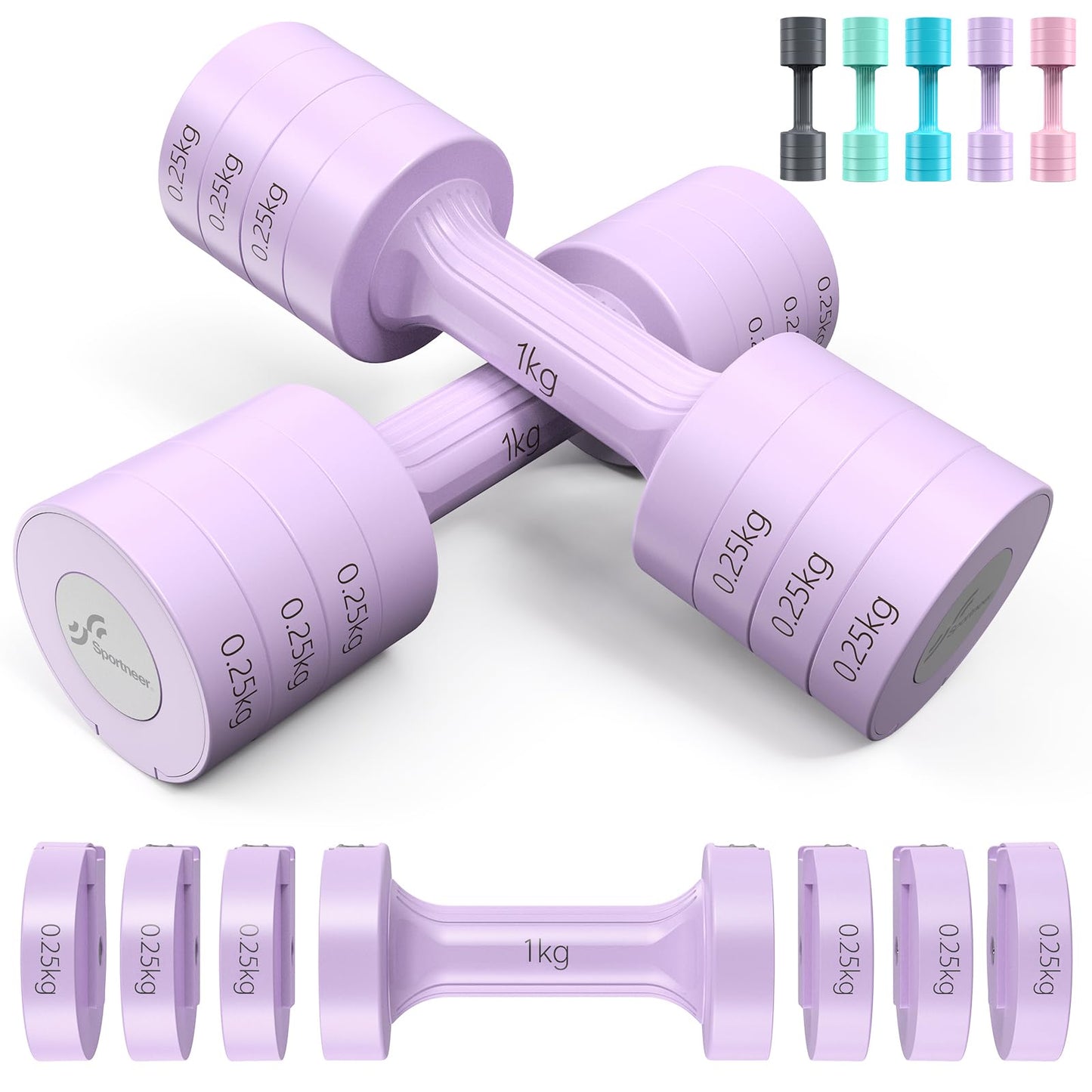 Sportneer Verstellbares Kurzhantel-Set - Kurzhanteln für Frauen, je 1-2,5 kg, 4-in-1 Kurzhantel-Set zu 2, Verstellbares Kurzhantel-Set für Heim-Fitnessstudio, Fitness, Krafttraining, Geschenk