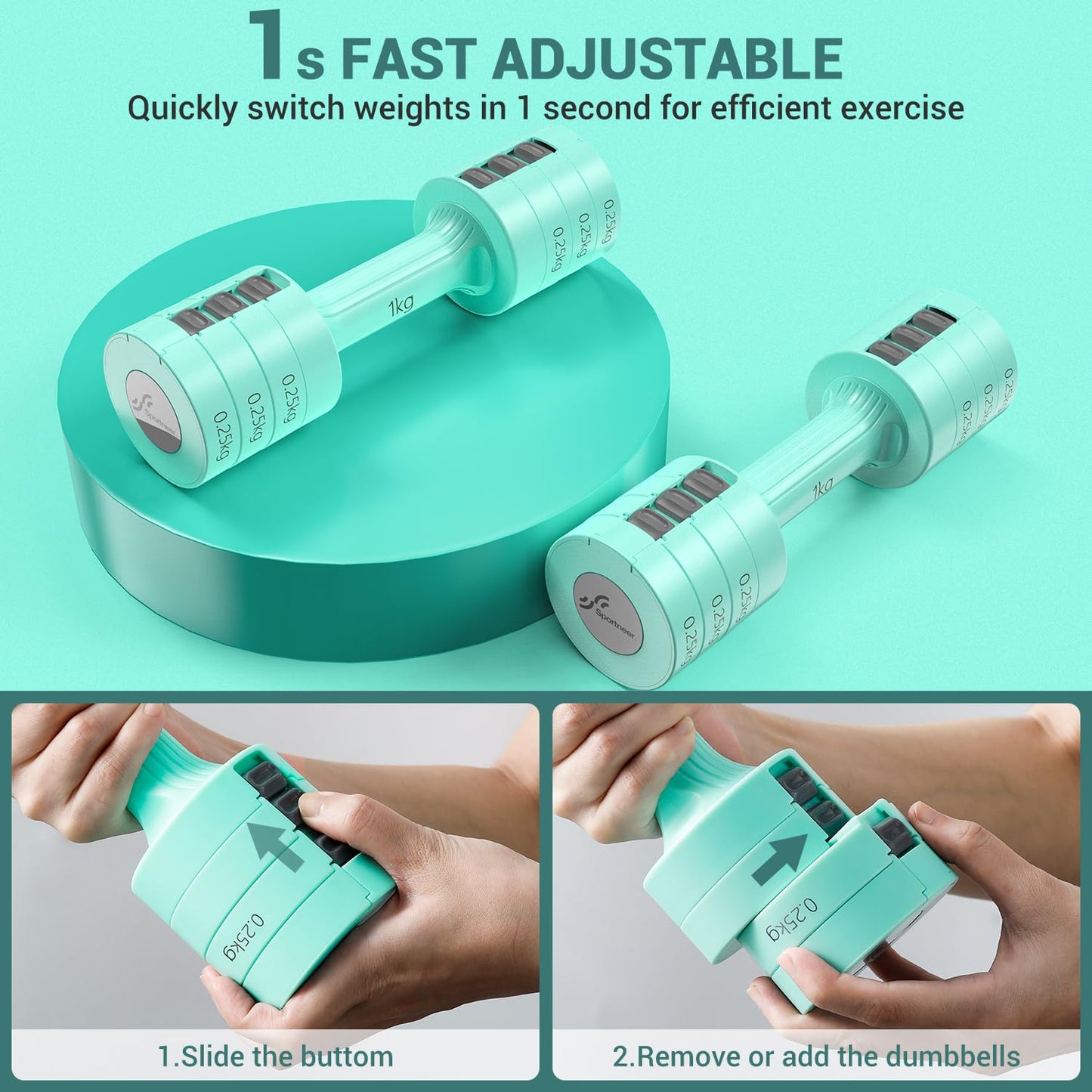 Sportneer Verstellbares Kurzhantel-Set - Kurzhanteln für Frauen, je 1-2,5 kg, 4-in-1 Kurzhantel-Set zu 2, Verstellbares Kurzhantel-Set für Heim-Fitnessstudio, Fitness, Krafttraining, Geschenk
