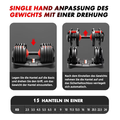 2 x 24/40 kg verstellbare Hanteln, 15-in-1 Hantelset, verstellbare platzsparende Hanteln, Kraft- und Heimtraining, variable Gewichte, platzsparend (24-40 kg)
