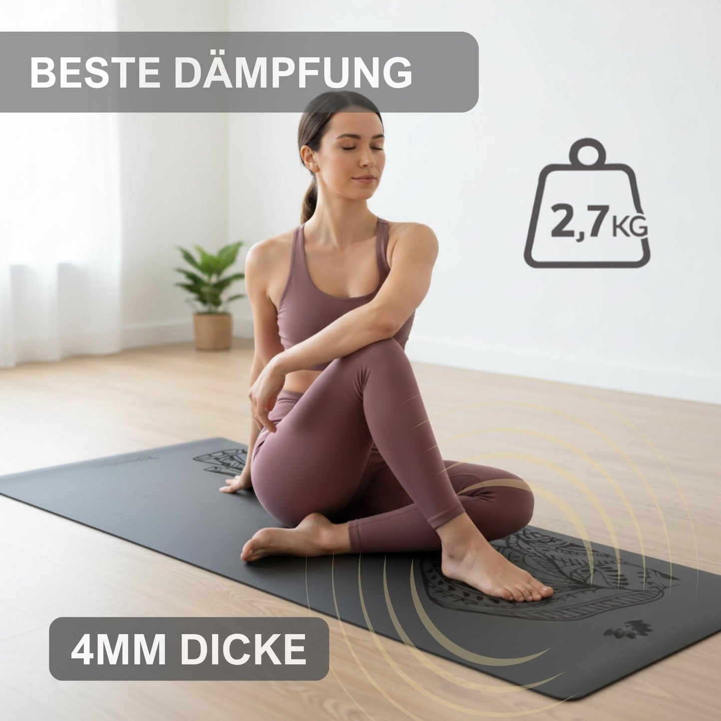 Yosana Yogamatte aus Naturkautschuk | Extrem rutschfest | Ultra-Grip-Oberfläche aus umweltfreundlichem PU | Extra breit 68 cm | Inklusive Tragegurt | Yogamatte 183 x 68 cm | 4 mm dünn