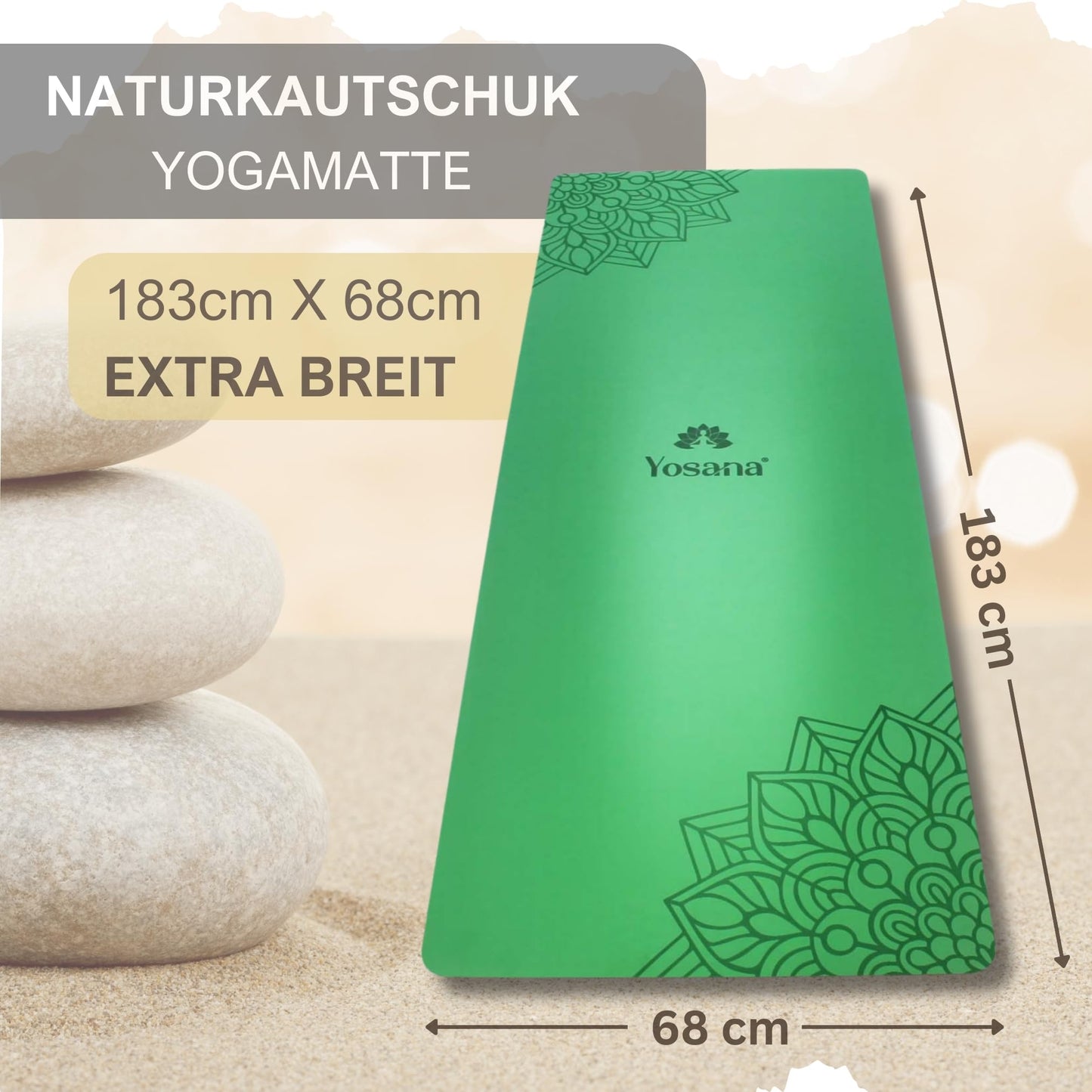 Yosana Yogamatte aus Naturkautschuk | Extrem rutschfest | Ultra-Grip-Oberfläche aus umweltfreundlichem PU | Extra breit 68 cm | Inklusive Tragegurt | Yogamatte 183 x 68 cm | 4 mm dünn