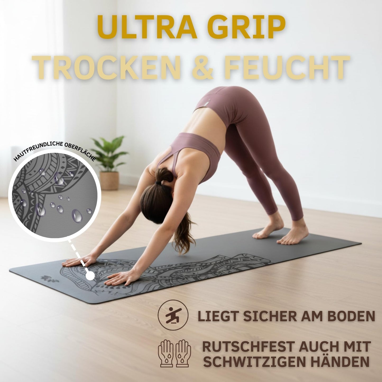 Yosana Yogamatte aus Naturkautschuk | Extrem rutschfest | Ultra-Grip-Oberfläche aus umweltfreundlichem PU | Extra breit 68 cm | Inklusive Tragegurt | Yogamatte 183 x 68 cm | 4 mm dünn