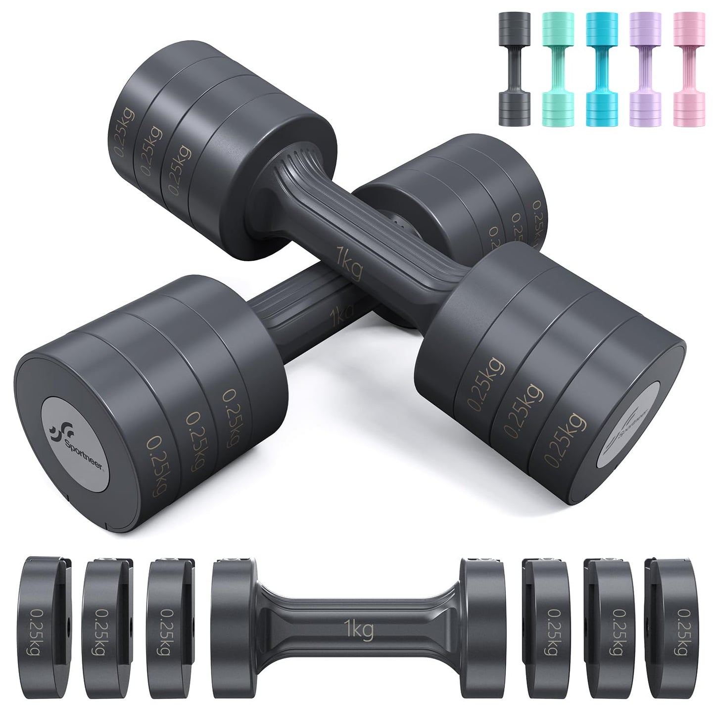 Sportneer Verstellbares Kurzhantel-Set - Kurzhanteln für Frauen, je 1-2,5 kg, 4-in-1 Kurzhantel-Set zu 2, Verstellbares Kurzhantel-Set für Heim-Fitnessstudio, Fitness, Krafttraining, Geschenk