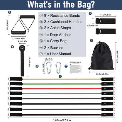 Fitnessbänder Widerstandsbänder mit 8 Stufen, 300 lbs Widerstandsbänder mit Türanker, 2 x Griffen, Trainingsanleitungen & Tragetasche & Knöchelriemen, Fitnessband zum Muskelaufbau, Yoga, Pilates, 1,2 m x 8er Set