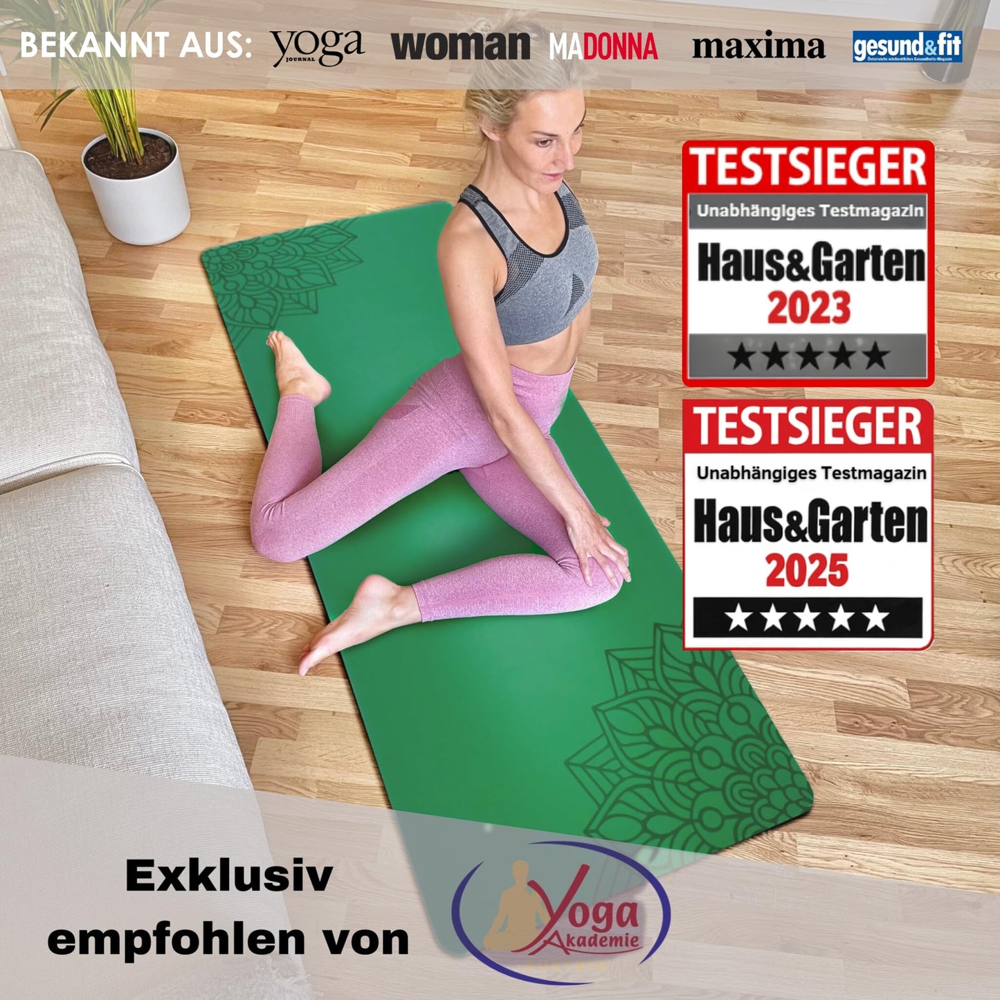 Yosana Yogamatte aus Naturkautschuk | Extrem rutschfest | Ultra-Grip-Oberfläche aus umweltfreundlichem PU | Extra breit 68 cm | Inklusive Tragegurt | Yogamatte 183 x 68 cm | 4 mm dünn