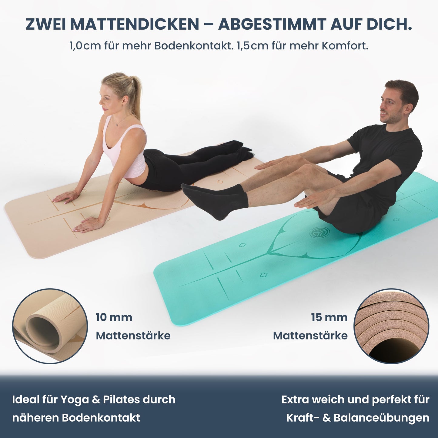 Yoga Matte aus Deutscher Entwicklung – Rutschfeste & gelenkschonende Yogamatte – 2 Komfort-Dicken (1,0 & 1,5 cm) – Weiche Sportmatte & Gymnastikmatte – Für Yoga, Pilates & Krafttraining