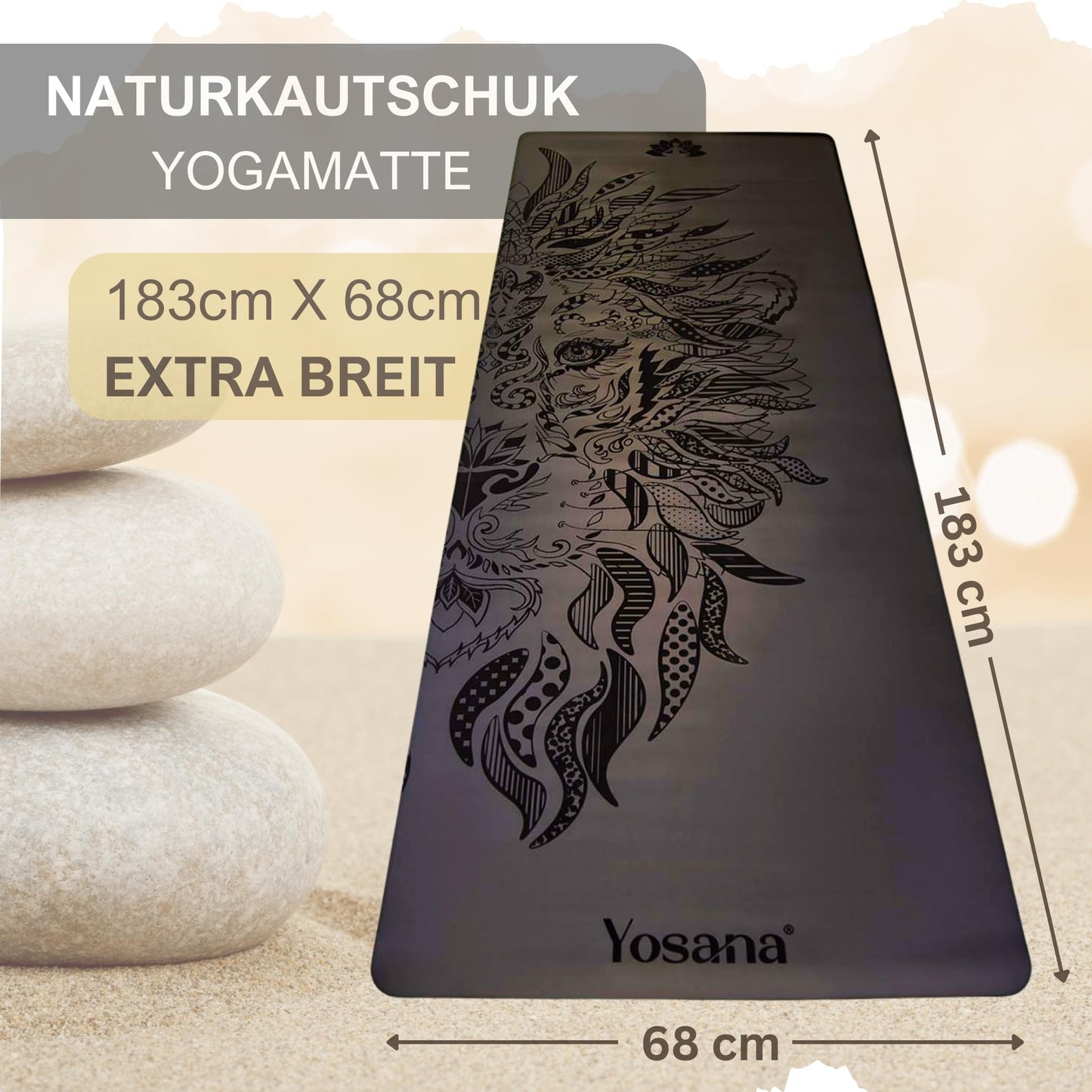 Yosana Yogamatte aus Naturkautschuk | Extrem rutschfest | Ultra-Grip-Oberfläche aus umweltfreundlichem PU | Extra breit 68 cm | Inklusive Tragegurt | Yogamatte 183 x 68 cm | 4 mm dünn