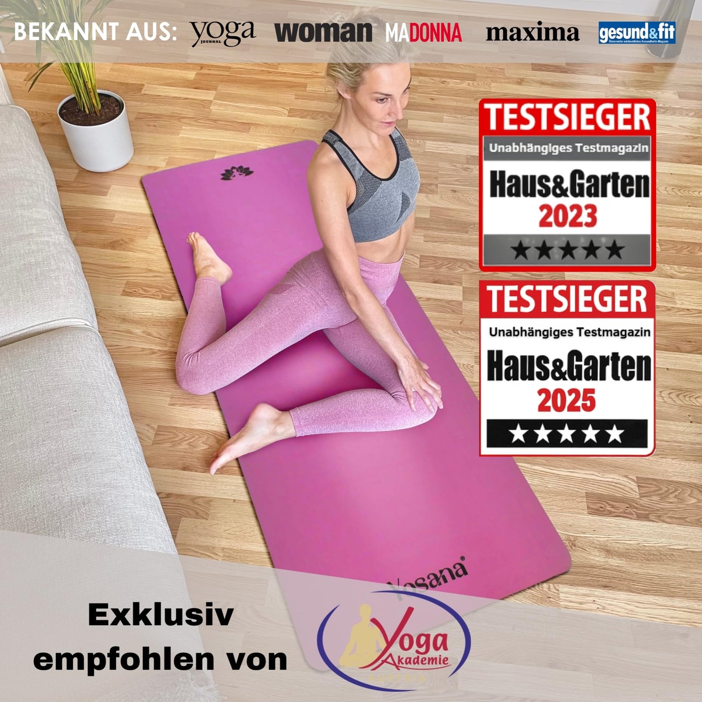 Yosana Yogamatte aus Naturkautschuk | Extrem rutschfest | Ultra-Grip-Oberfläche aus umweltfreundlichem PU | Extra breit 68 cm | Inklusive Tragegurt | Yogamatte 183 x 68 cm | 4 mm dünn