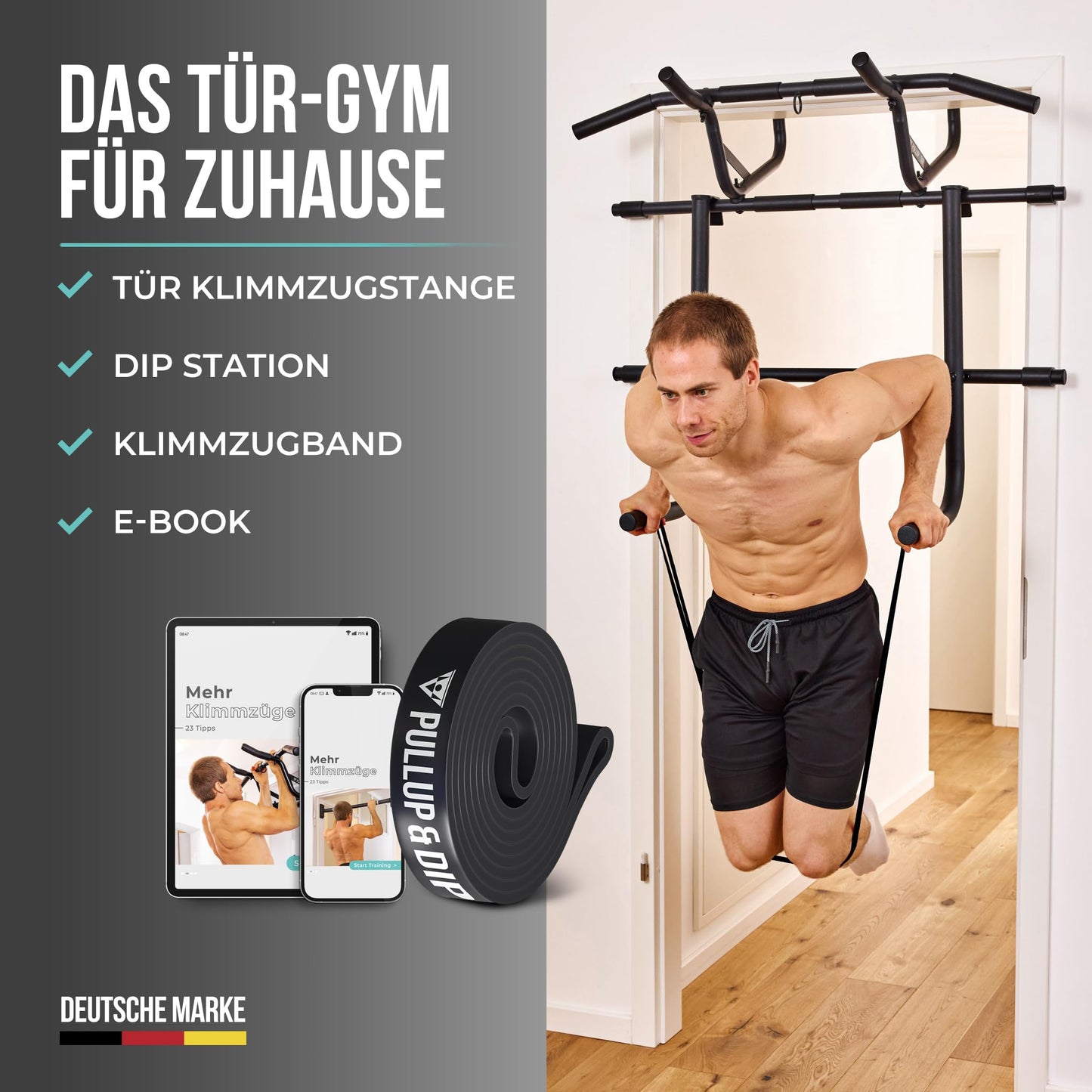 PULLUP & DIP Klimmzugstange für Türrahmen zum Einhängen ohne Schrauben und kein Abrutschen, Profi Türreck, Pull-up Bar mit gepolsterten Griffen