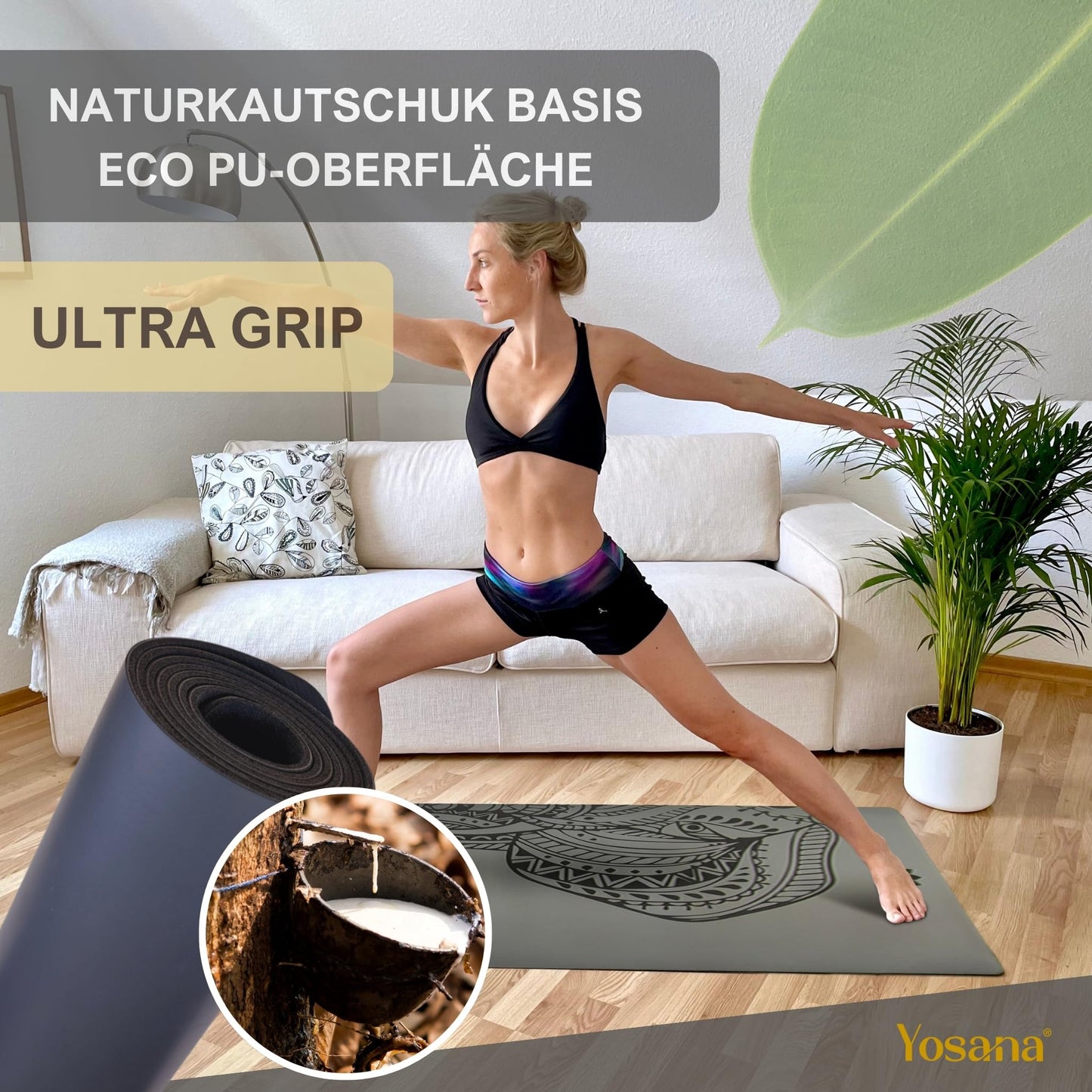 Yosana Yogamatte aus Naturkautschuk | Extrem rutschfest | Ultra-Grip-Oberfläche aus umweltfreundlichem PU | Extra breit 68 cm | Inklusive Tragegurt | Yogamatte 183 x 68 cm | 4 mm dünn