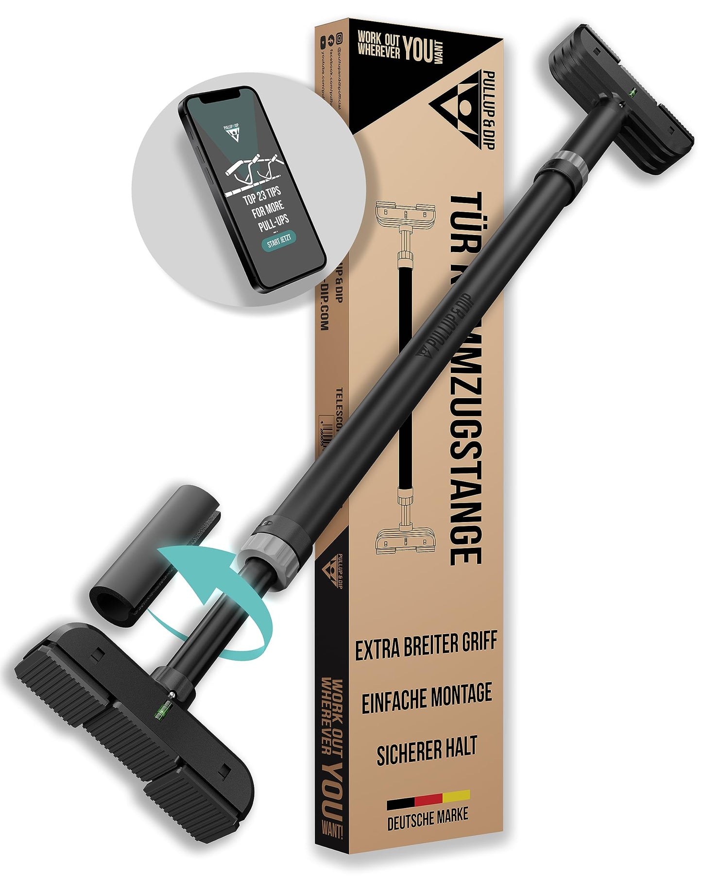 PULLUP & DIP Klimmzugstange für Türrahmen zum Einhängen ohne Schrauben und kein Abrutschen, Profi Türreck, Pull-up Bar mit gepolsterten Griffen