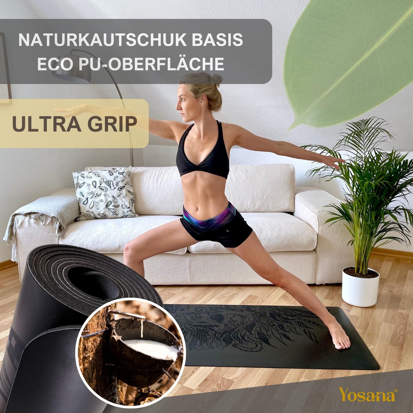 Yosana Yogamatte aus Naturkautschuk | Extrem rutschfest | Ultra-Grip-Oberfläche aus umweltfreundlichem PU | Extra breit 68 cm | Inklusive Tragegurt | Yogamatte 183 x 68 cm | 4 mm dünn