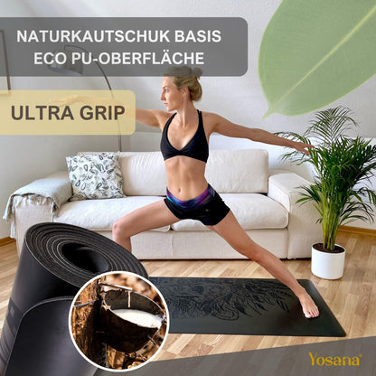 Yosana Yogamatte aus Naturkautschuk | Extrem rutschfest | Ultra-Grip-Oberfläche aus umweltfreundlichem PU | Extra breit 68 cm | Inklusive Tragegurt | Yogamatte 183 x 68 cm | 4 mm dünn