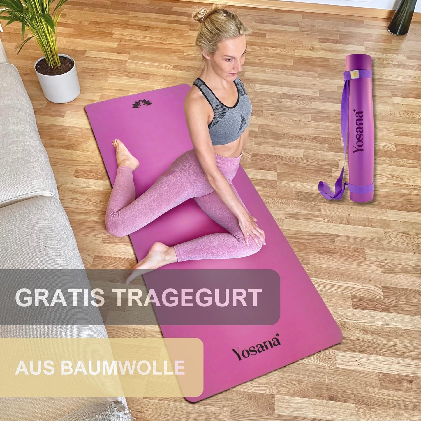 Yosana Yogamatte aus Naturkautschuk | Extrem rutschfest | Ultra-Grip-Oberfläche aus umweltfreundlichem PU | Extra breit 68 cm | Inklusive Tragegurt | Yogamatte 183 x 68 cm | 4 mm dünn