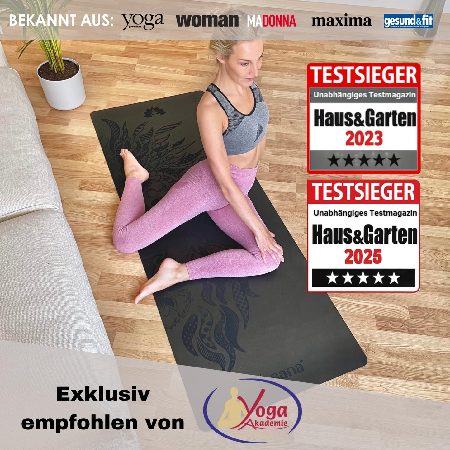Yosana Yogamatte aus Naturkautschuk | Extrem rutschfest | Ultra-Grip-Oberfläche aus umweltfreundlichem PU | Extra breit 68 cm | Inklusive Tragegurt | Yogamatte 183 x 68 cm | 4 mm dünn