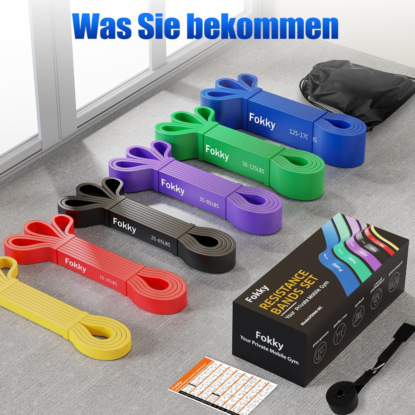 Fokky Fitnessbänder Resistance Bands Set mit 4 Stufen, Widerstandsbänder mit Türanker, Griffen, Schutzhülle, Tragetasche&Trainingsanleitung, Klimmzug Bänder für Stretching/Yoga/Klimmzüge/Krafttraining