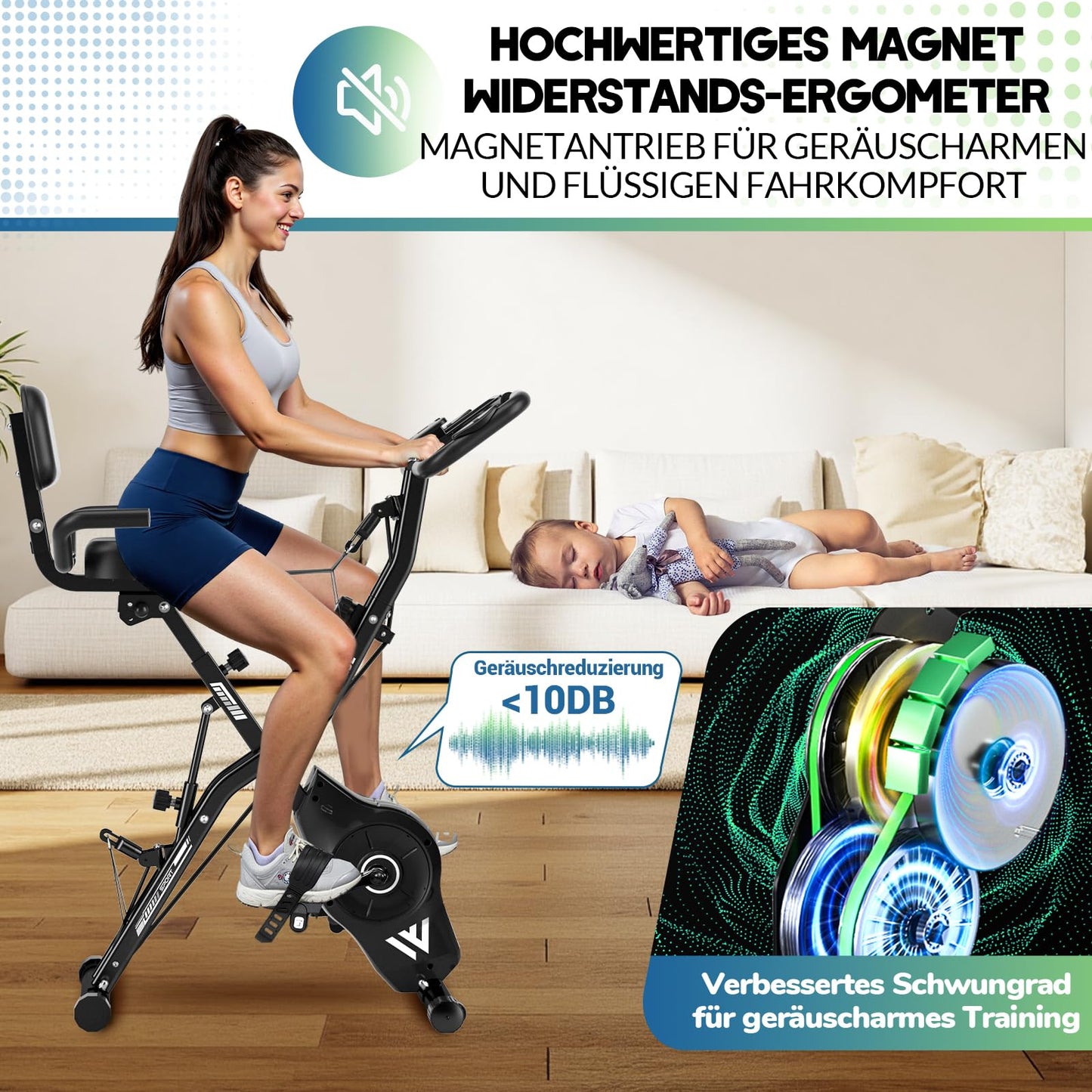 5-in-1 Heimtrainer Fahrrad, 2025 Neu Hometrainer Fahrrad mit 16 Stufen Magnetwiderstand, Klappbar Ergometer Heimtrainer mit 10dB extra Leise, Indoor Bike für Kardio-Training zu Hause, Bis 160KG
