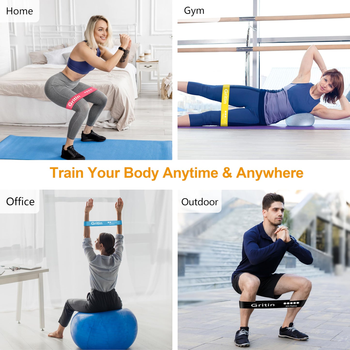 Gritin Fitness Bands [Set of 5] Resistance Bands with 5 Levels, 100% Latex Fitness Band Resistance with German Exercise Instructions and Carry Bag, Gymnastics Band for Muscle Building, Yoga