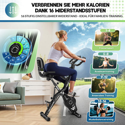 5-in-1 Heimtrainer Fahrrad, 2025 Neu Hometrainer Fahrrad mit 16 Stufen Magnetwiderstand, Klappbar Ergometer Heimtrainer mit 10dB extra Leise, Indoor Bike für Kardio-Training zu Hause, Bis 160KG