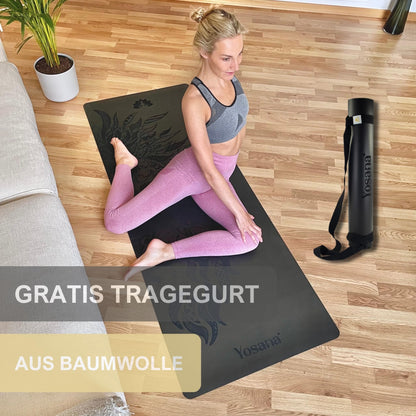 Yosana Yogamatte aus Naturkautschuk | Extrem rutschfest | Ultra-Grip-Oberfläche aus umweltfreundlichem PU | Extra breit 68 cm | Inklusive Tragegurt | Yogamatte 183 x 68 cm | 4 mm dünn