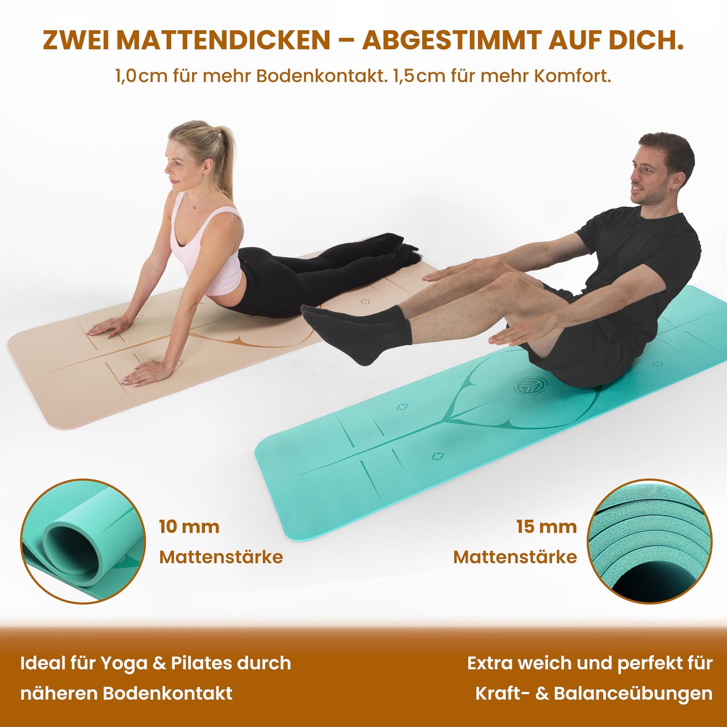 Yoga Matte aus Deutscher Entwicklung – Rutschfeste & gelenkschonende Yogamatte – 2 Komfort-Dicken (1,0 & 1,5 cm) – Weiche Sportmatte & Gymnastikmatte – Für Yoga, Pilates & Krafttraining