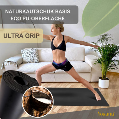 Yosana Yogamatte aus Naturkautschuk | Extrem rutschfest | Ultra-Grip-Oberfläche aus umweltfreundlichem PU | Extra breit 68 cm | Inklusive Tragegurt | Yogamatte 183 x 68 cm | 4 mm dünn