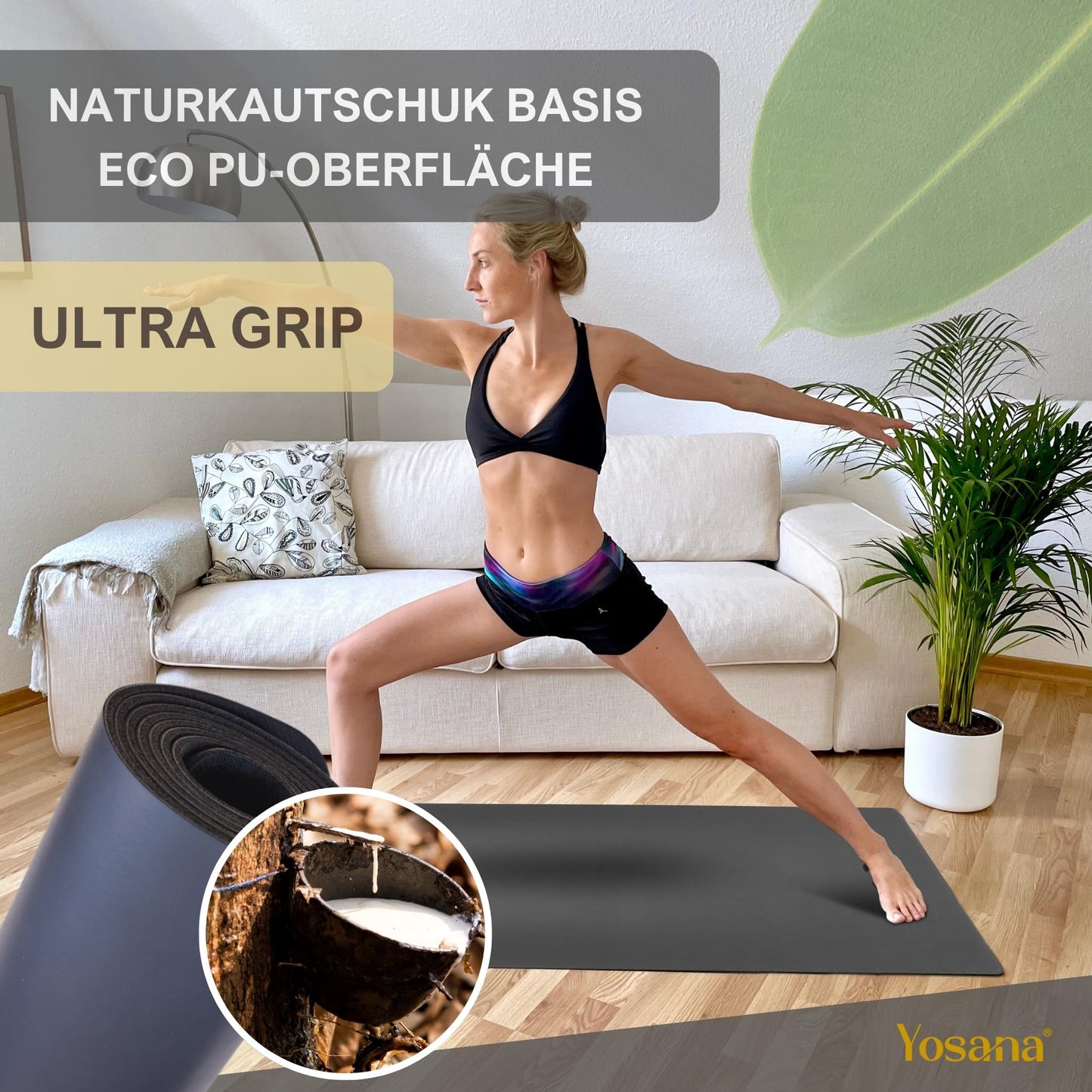 Yosana Yogamatte aus Naturkautschuk | Extrem rutschfest | Ultra-Grip-Oberfläche aus umweltfreundlichem PU | Extra breit 68 cm | Inklusive Tragegurt | Yogamatte 183 x 68 cm | 4 mm dünn