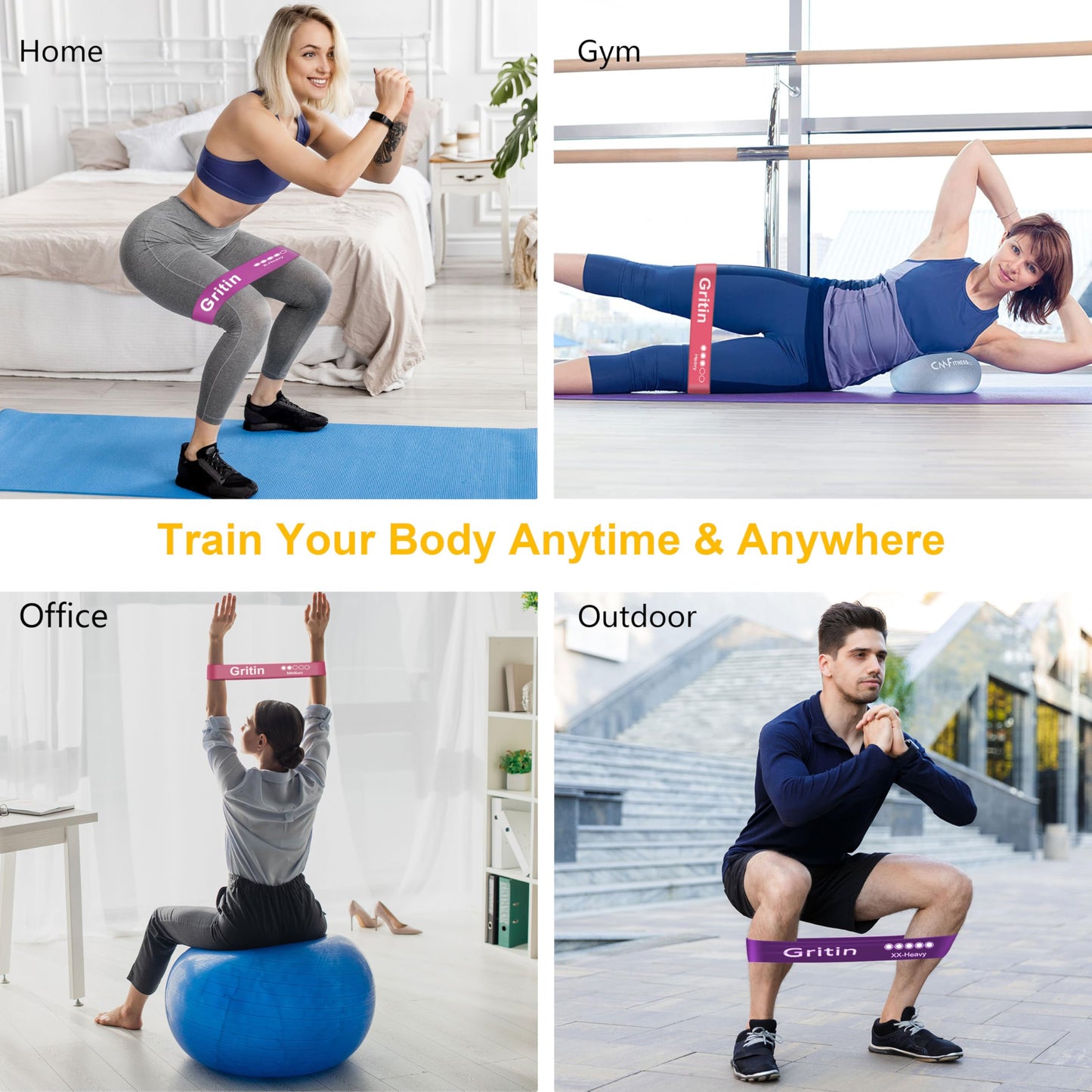 Gritin Fitness Bands [Set of 5] Resistance Bands with 5 Levels, 100% Latex Fitness Band Resistance with German Exercise Instructions and Carry Bag, Gymnastics Band for Muscle Building, Yoga