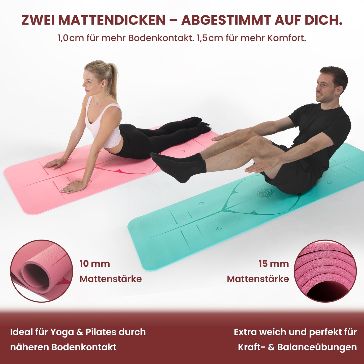 Yoga Matte aus Deutscher Entwicklung – Rutschfeste & gelenkschonende Yogamatte – 2 Komfort-Dicken (1,0 & 1,5 cm) – Weiche Sportmatte & Gymnastikmatte – Für Yoga, Pilates & Krafttraining