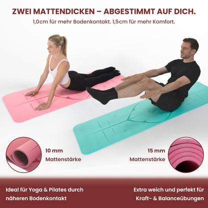 Yoga Matte aus Deutscher Entwicklung – Rutschfeste & gelenkschonende Yogamatte – 2 Komfort-Dicken (1,0 & 1,5 cm) – Weiche Sportmatte & Gymnastikmatte – Für Yoga, Pilates & Krafttraining