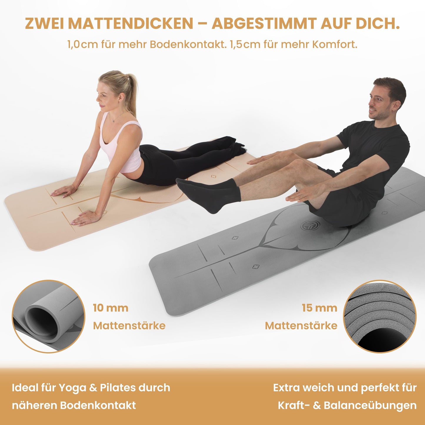 Yoga Matte aus Deutscher Entwicklung – Rutschfeste & gelenkschonende Yogamatte – 2 Komfort-Dicken (1,0 & 1,5 cm) – Weiche Sportmatte & Gymnastikmatte – Für Yoga, Pilates & Krafttraining