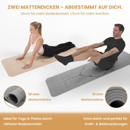 Yoga Matte aus Deutscher Entwicklung – Rutschfeste & gelenkschonende Yogamatte – 2 Komfort-Dicken (1,0 & 1,5 cm) – Weiche Sportmatte & Gymnastikmatte – Für Yoga, Pilates & Krafttraining