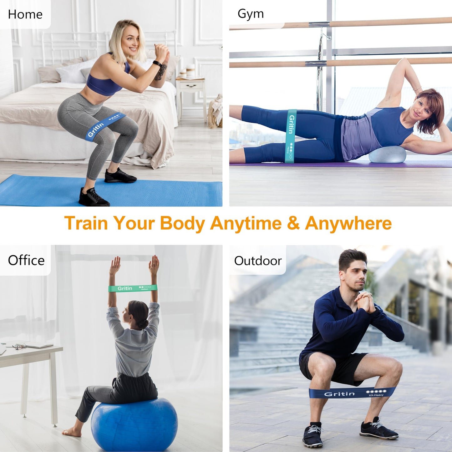 Gritin Fitness Bands [Set of 5] Resistance Bands with 5 Levels, 100% Latex Fitness Band Resistance with German Exercise Instructions and Carry Bag, Gymnastics Band for Muscle Building, Yoga