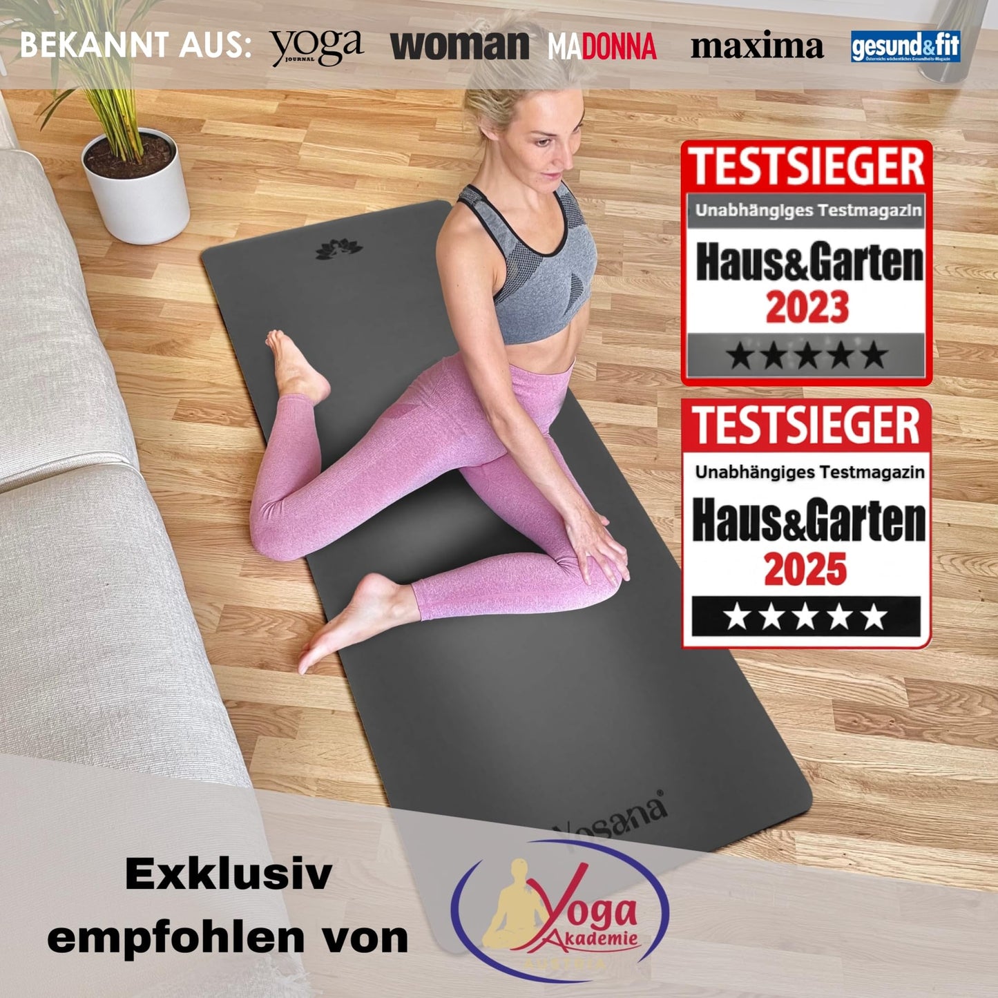 Yosana Yogamatte aus Naturkautschuk | Extrem rutschfest | Ultra-Grip-Oberfläche aus umweltfreundlichem PU | Extra breit 68 cm | Inklusive Tragegurt | Yogamatte 183 x 68 cm | 4 mm dünn