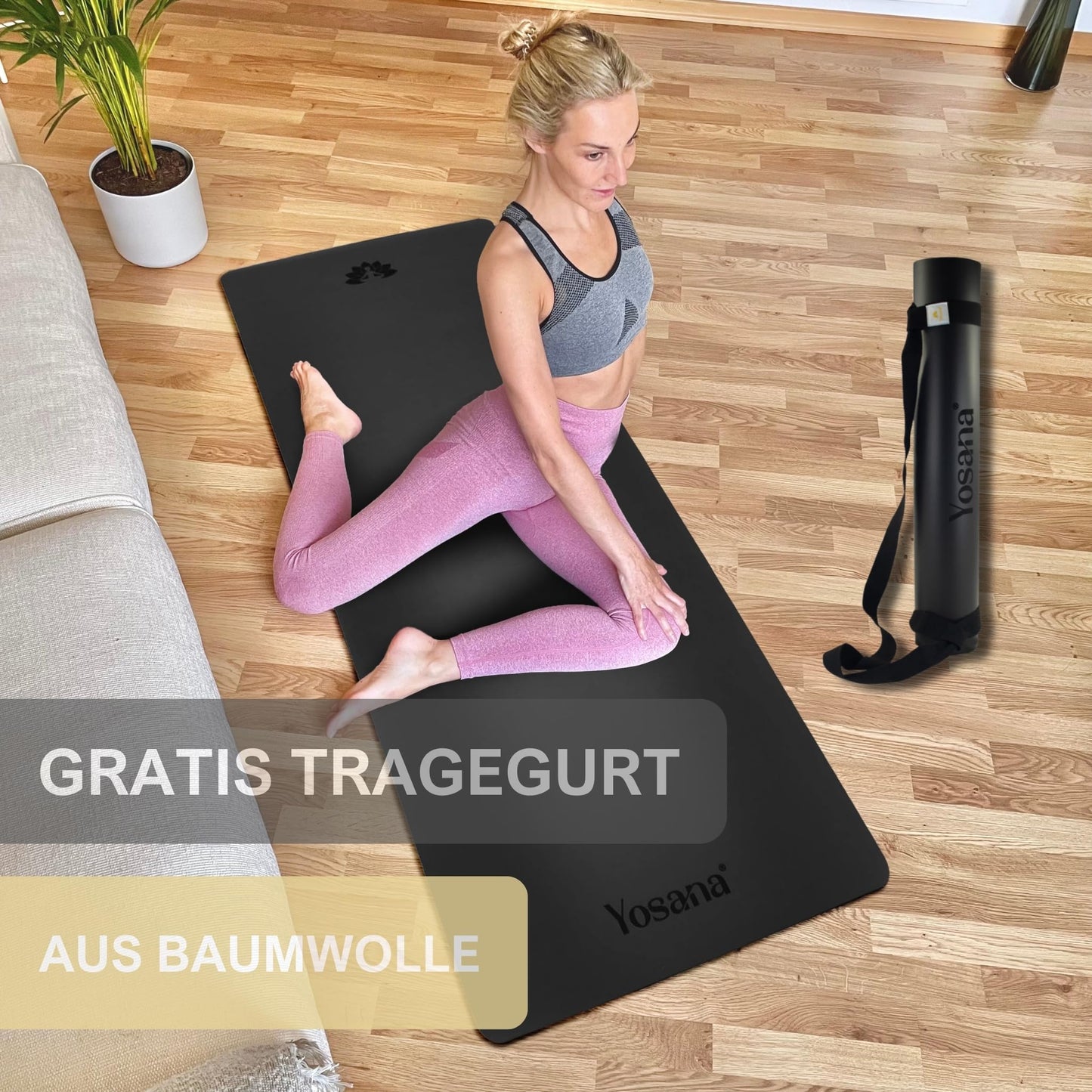 Yosana Yogamatte aus Naturkautschuk | Extrem rutschfest | Ultra-Grip-Oberfläche aus umweltfreundlichem PU | Extra breit 68 cm | Inklusive Tragegurt | Yogamatte 183 x 68 cm | 4 mm dünn