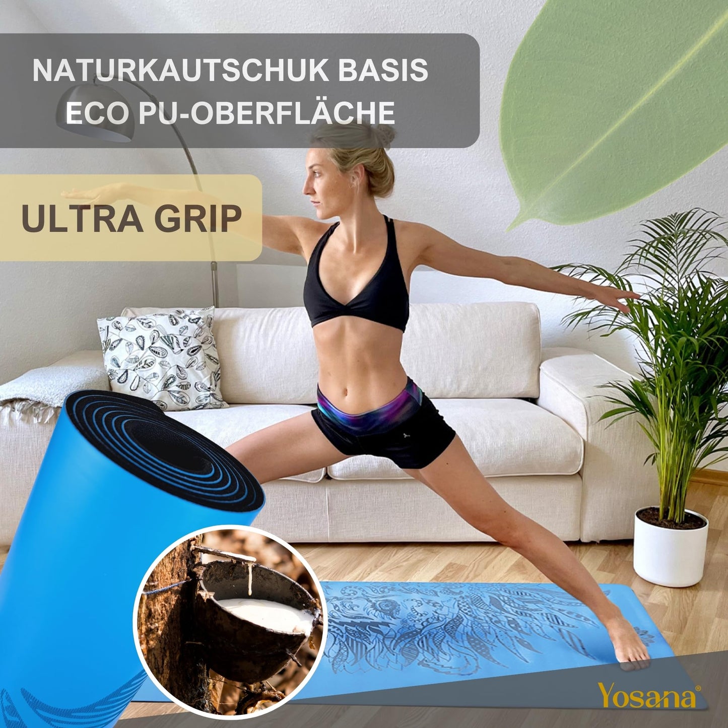 Yosana Yogamatte aus Naturkautschuk | Extrem rutschfest | Ultra-Grip-Oberfläche aus umweltfreundlichem PU | Extra breit 68 cm | Inklusive Tragegurt | Yogamatte 183 x 68 cm | 4 mm dünn