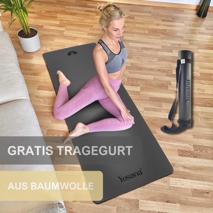Yosana Yogamatte aus Naturkautschuk | Extrem rutschfest | Ultra-Grip-Oberfläche aus umweltfreundlichem PU | Extra breit 68 cm | Inklusive Tragegurt | Yogamatte 183 x 68 cm | 4 mm dünn