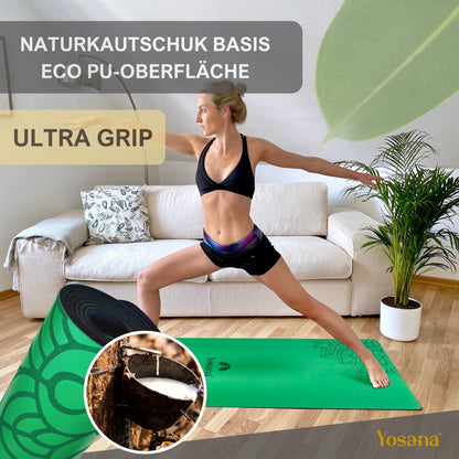 Yosana Yogamatte aus Naturkautschuk | Extrem rutschfest | Ultra-Grip-Oberfläche aus umweltfreundlichem PU | Extra breit 68 cm | Inklusive Tragegurt | Yogamatte 183 x 68 cm | 4 mm dünn