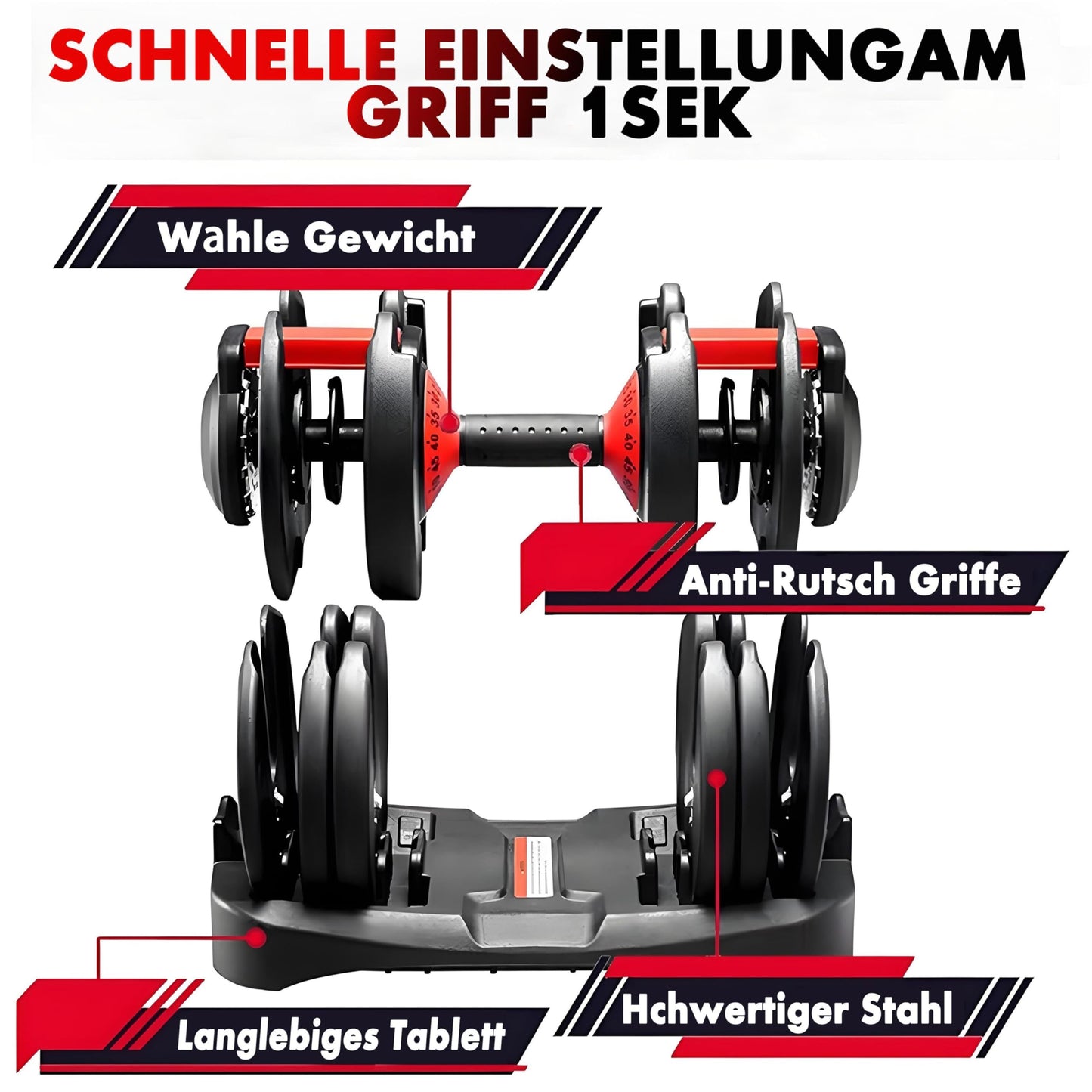 2 x 24/40 kg verstellbare Hanteln, 15-in-1 Hantelset, verstellbare platzsparende Hanteln, Kraft- und Heimtraining, variable Gewichte, platzsparend (24-40 kg)