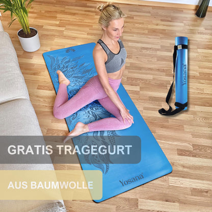 Yosana Yogamatte aus Naturkautschuk | Extrem rutschfest | Ultra-Grip-Oberfläche aus umweltfreundlichem PU | Extra breit 68 cm | Inklusive Tragegurt | Yogamatte 183 x 68 cm | 4 mm dünn