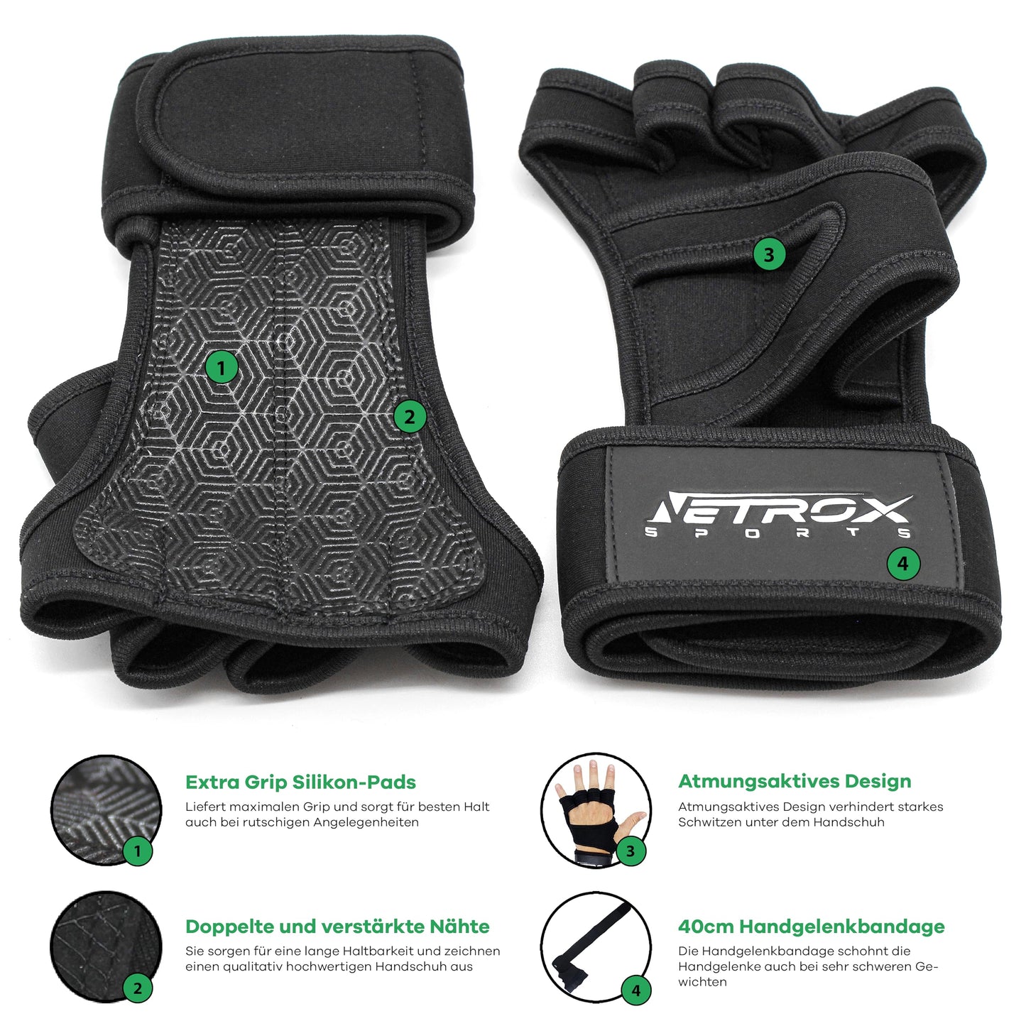 NetroxSports® Trainingshandschuhe mit Handgelenkbandage für Krafttraining, Bodybuilding & Crossfit, rutschfest für Männer und Frauen