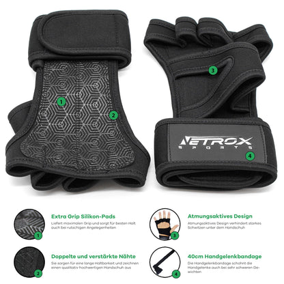 NetroxSports® Trainingshandschuhe mit Handgelenkbandage für Krafttraining, Bodybuilding & Crossfit, rutschfest für Männer und Frauen