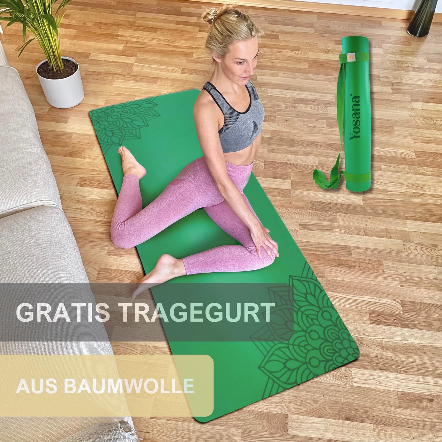 Yosana Yogamatte aus Naturkautschuk | Extrem rutschfest | Ultra-Grip-Oberfläche aus umweltfreundlichem PU | Extra breit 68 cm | Inklusive Tragegurt | Yogamatte 183 x 68 cm | 4 mm dünn