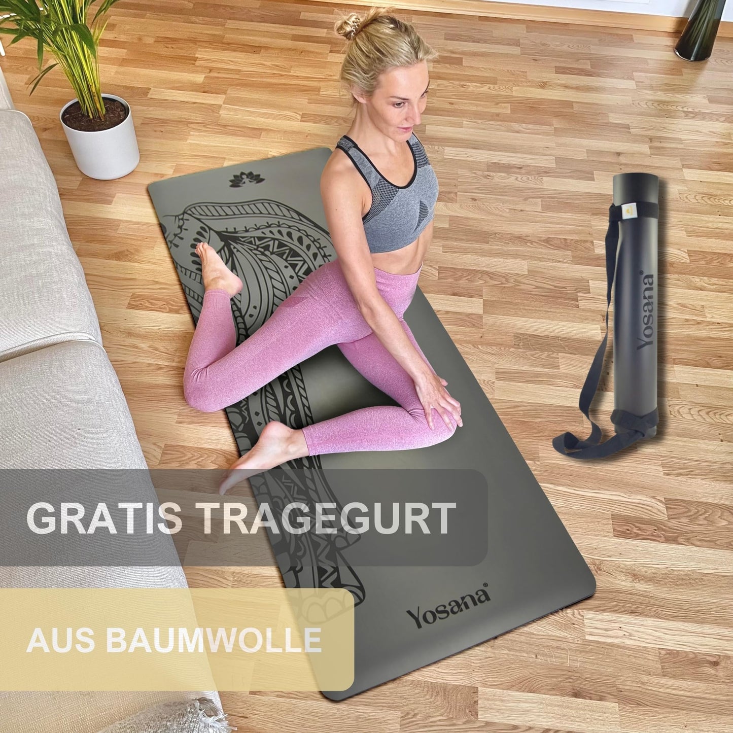 Yosana Yogamatte aus Naturkautschuk | Extrem rutschfest | Ultra-Grip-Oberfläche aus umweltfreundlichem PU | Extra breit 68 cm | Inklusive Tragegurt | Yogamatte 183 x 68 cm | 4 mm dünn